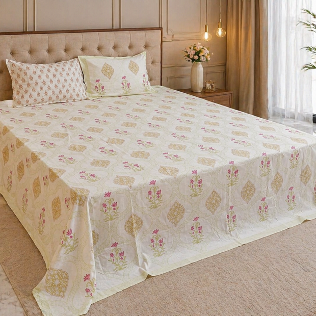 Elegant Floral Harmony – Block Print - Super King Size Bedsheet (274 x 274 cm) | 100% Jaipuri Cotton | Includes 2 Pillow Covers