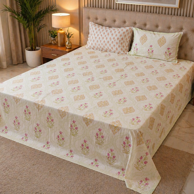 Elegant Floral Harmony – Block Print - Super King Size Bedsheet (274 x 274 cm) | 100% Jaipuri Cotton | Includes 2 Pillow Covers