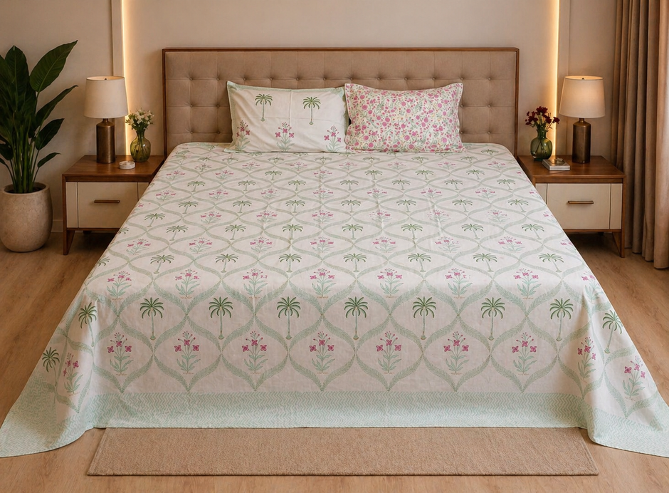 Palm Blossom – Block Print - Super King Size Bedsheet (274 x 274 cm) | 100% Jaipuri Cotton | Includes 2 Pillow Covers