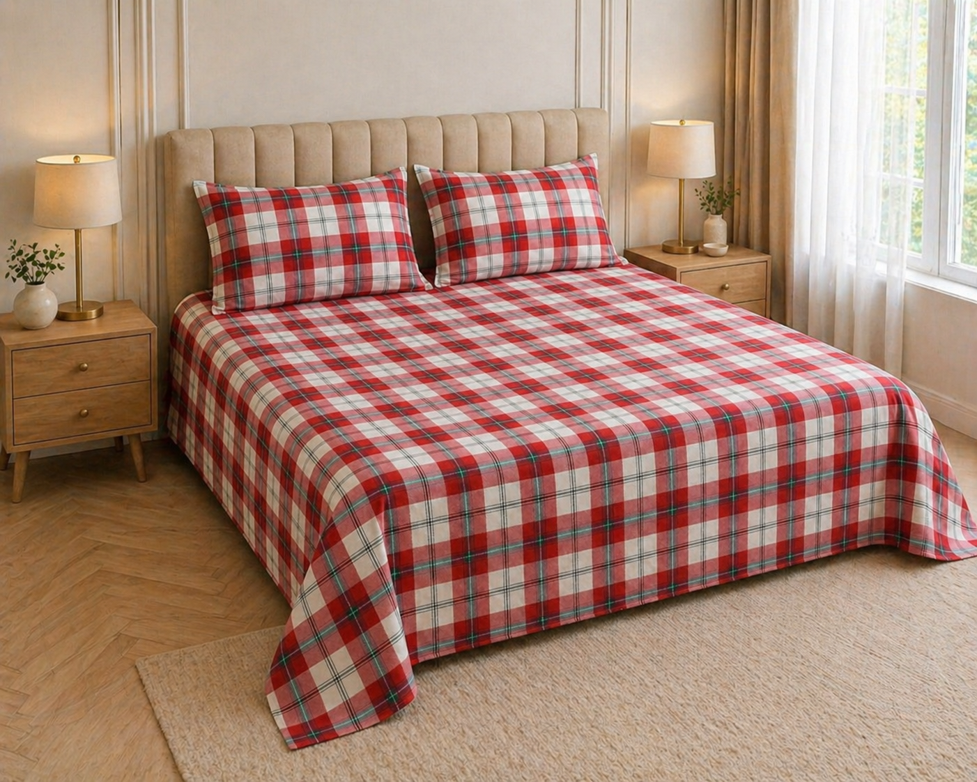 Crimson Tartan Plaid – Jumbo King  XL Size Bedsheet (305 x 305 cm) | 100% Percale Cotton (400 TC) | Includes 2 Pillow Covers