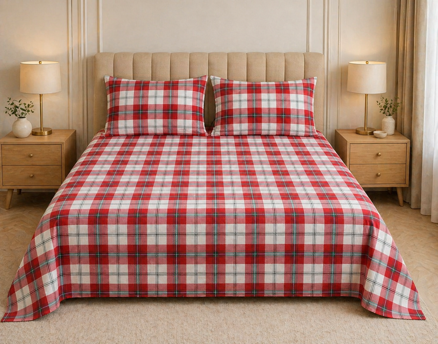 Crimson Tartan Plaid – Jumbo King  XL Size Bedsheet (305 x 305 cm) | 100% Percale Cotton (400 TC) | Includes 2 Pillow Covers