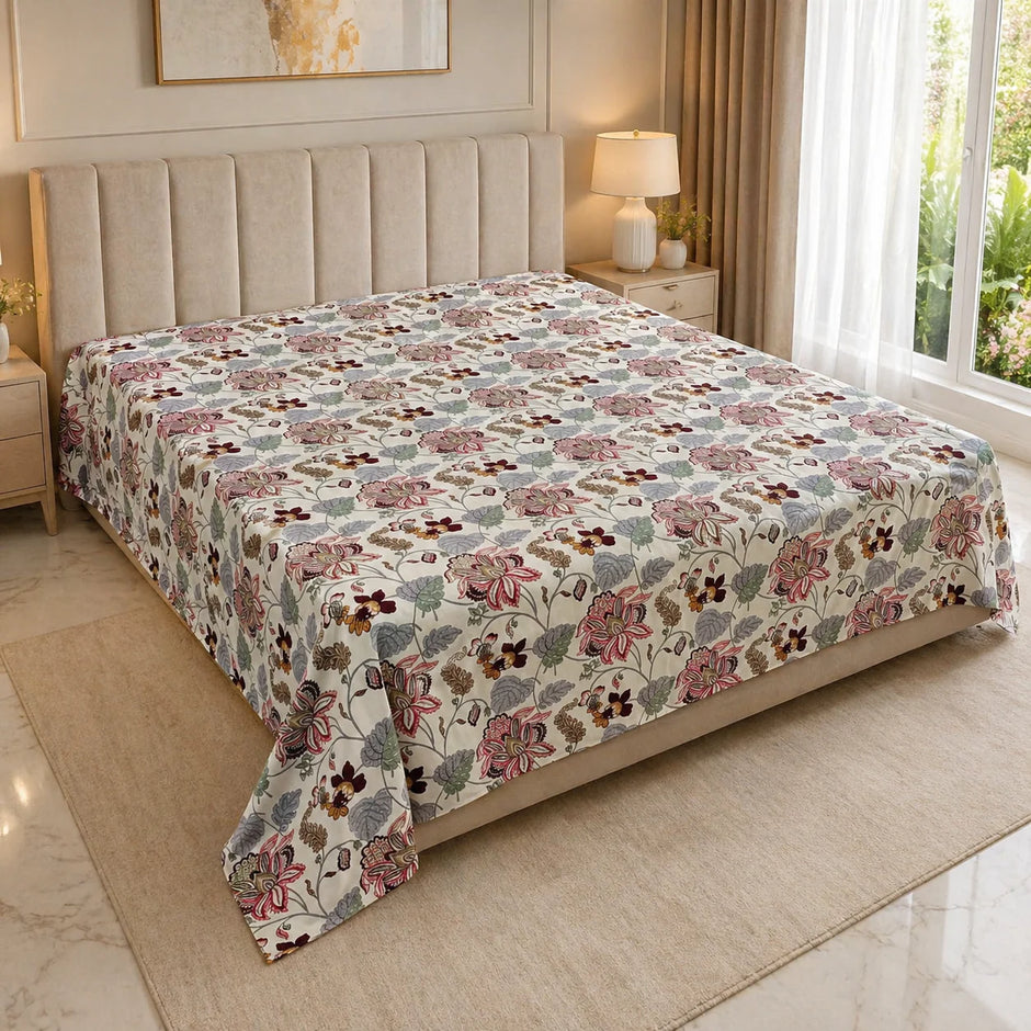 Rosewood Garden – Jumbo King Size Bedsheet (274 x 305 cm) | 100% Jaipuri Cotton | Includes 2 Pillow Covers