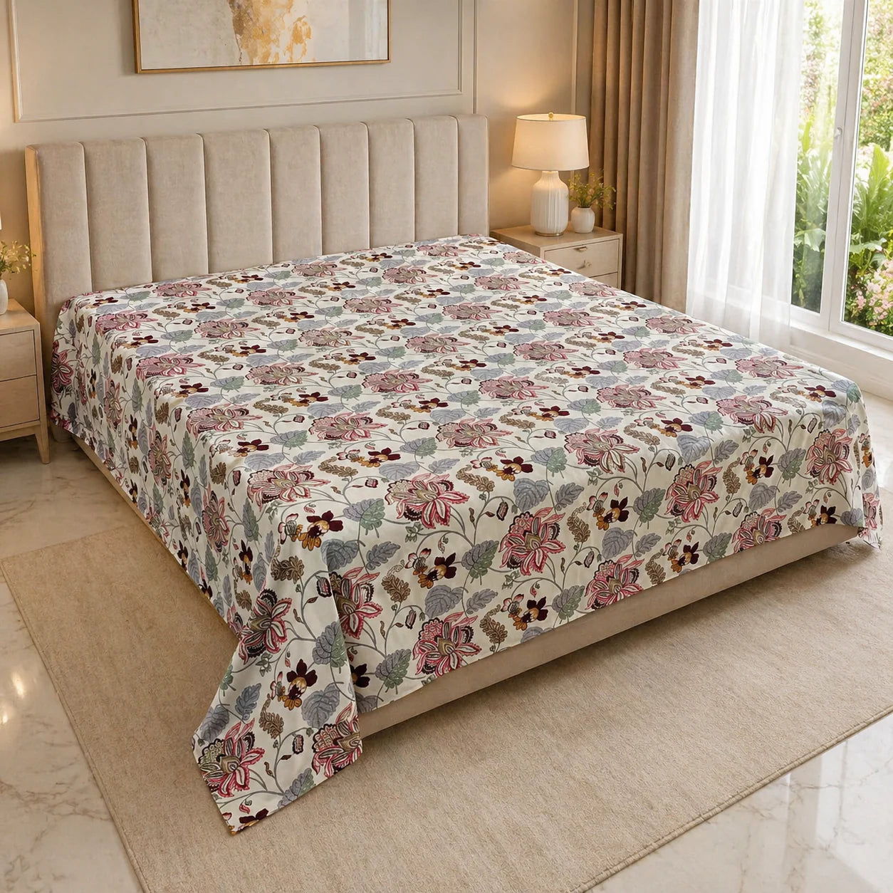 Rosewood Garden – Jumbo King Size Bedsheet (274 x 305 cm) | 100% Jaipuri Cotton | Includes 2 Pillow Covers