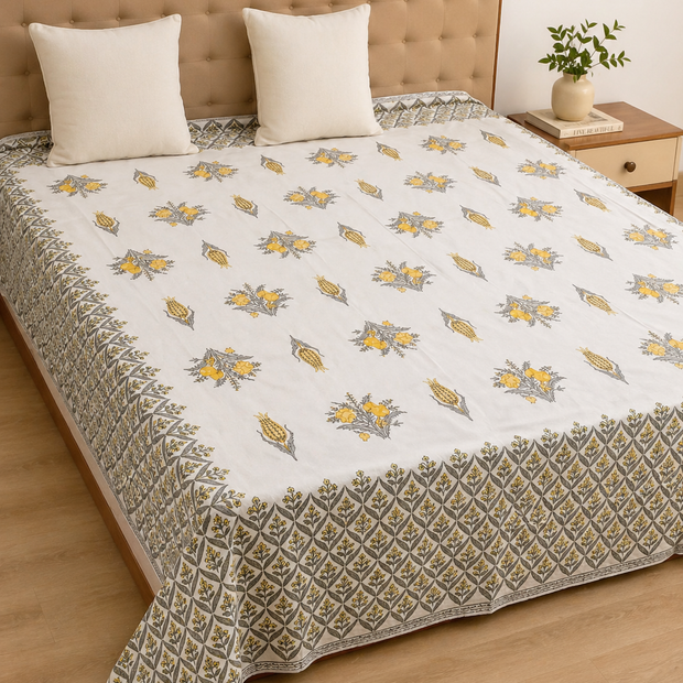 Amber Vine – Super King Size Bedsheet (274 x 274 cm) | 100% Jaipuri Cotton | Includes 2 Pillow Covers