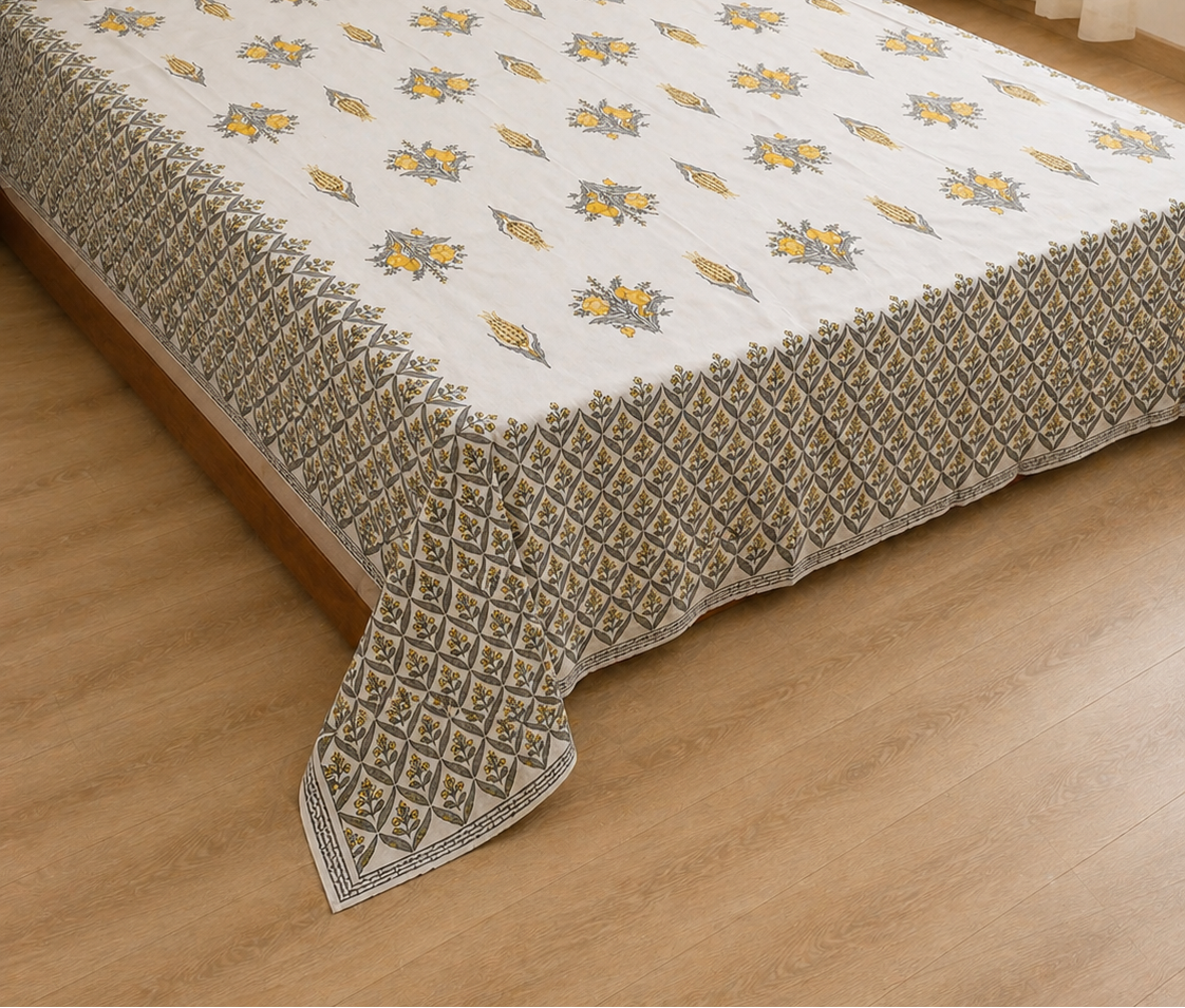 Amber Vine – Super King Size Bedsheet (274 x 274 cm) | 100% Jaipuri Cotton | Includes 2 Pillow Covers
