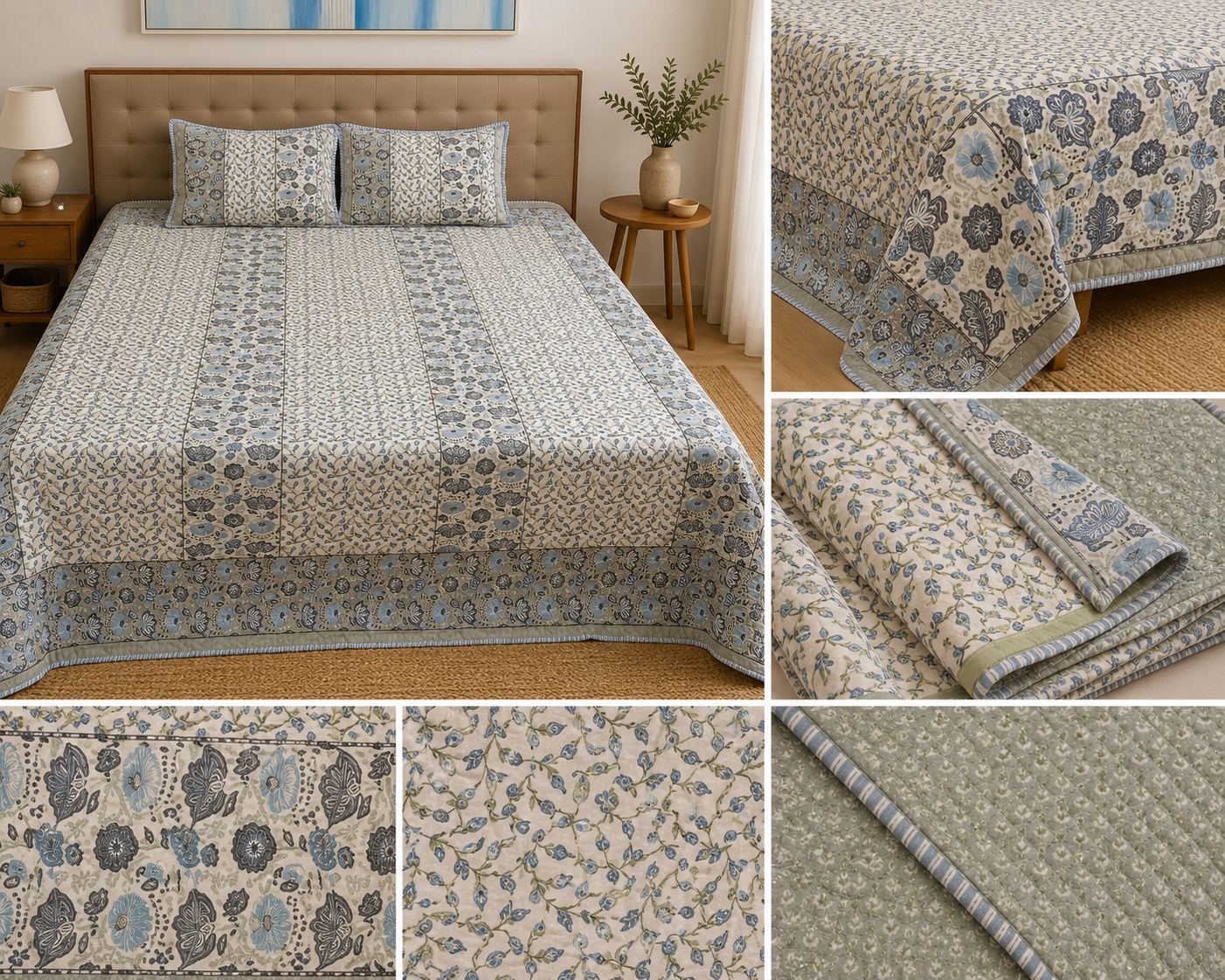 Neel Rang Mahal Quilted Bedspread Set – Standard King Size (90 × 102 inch / 240 × 260 cm) | Pure Cotton | 3-Piece Set
