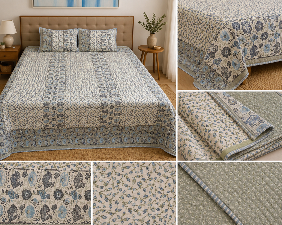 Neel Rang Mahal Quilted Bedspread Set – Standard King Size (90 × 102 inch / 240 × 260 cm) | Pure Cotton | 3-Piece Set