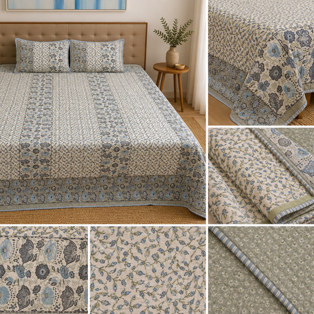Neel Rang Mahal Quilted Bedspread Set – Standard King Size (90 × 102 inch / 240 × 260 cm) | Pure Cotton | 3-Piece Set