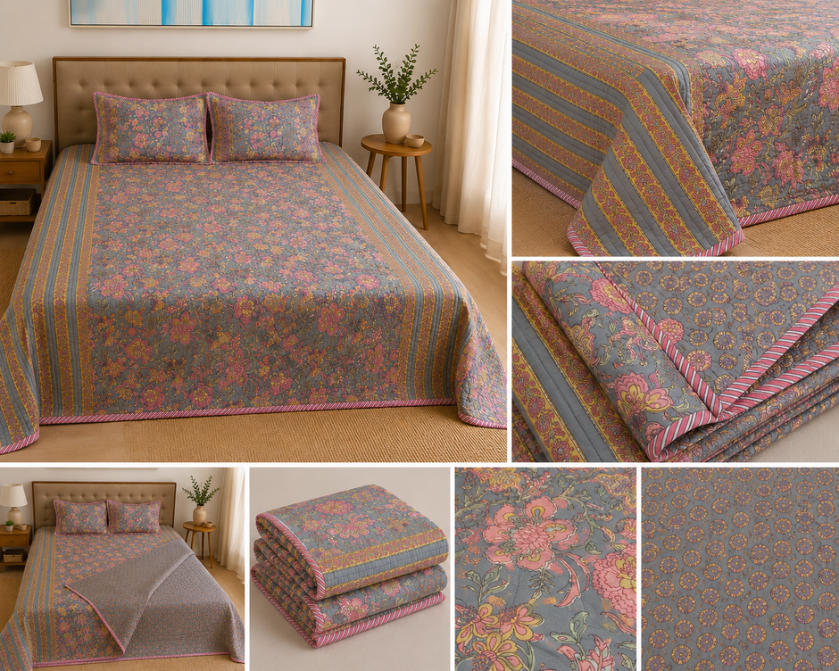 Jaipur Rosewood Heritage Reversible Quilted Bedspread Set – Standard King Size (90 × 102 inches / 230 × 260 cm) | Pure Cotton | 3-Piece Set
