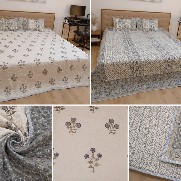 Jaipuri Lavender Meadow Reversible Quilted Bedspread – Standard King Size (90 x 102 Inches / 229 x 259 cm) | 3-Piece Set | 2 Quilted Pillow Covers