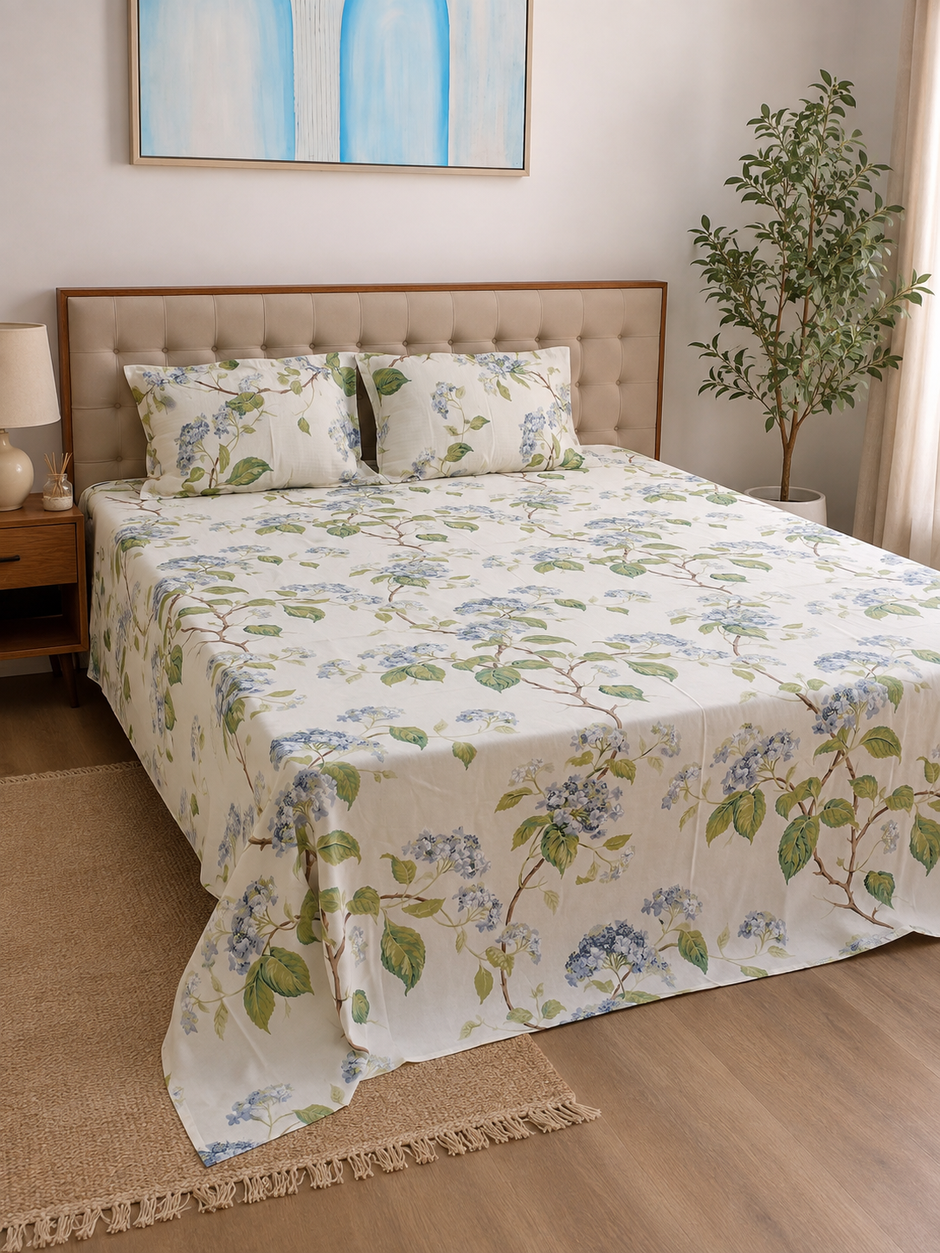 Royal Blue Hydrangea Blossom Pure Jaipuri Cotton Bedsheet Set – Super King Size (270 × 270 cm) | 100% Pure Cotton | 3-Piece Bedding Set