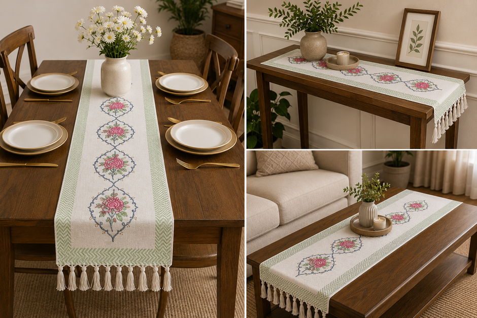 Royal Rose Bloom Jaipuri Table Runner – 185 × 35 cm | 100% Pure Jute Cotton | Hand Block Printed