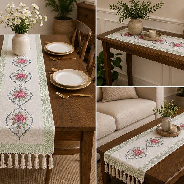 Royal Rose Bloom Jaipuri Table Runner – 185 × 35 cm | 100% Pure Jute Cotton | Hand Block Printed