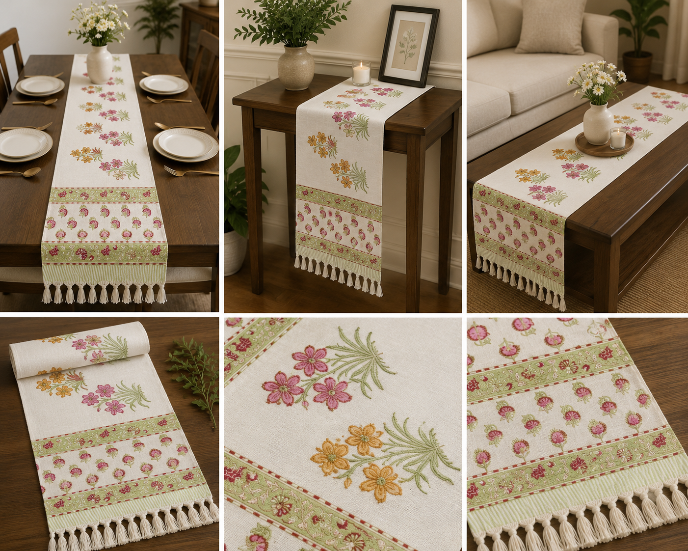 Royal Meadow Blossom Jaipuri Table Runner – 185 × 35 cm | 100% Pure Cotton | Hand Block Printed