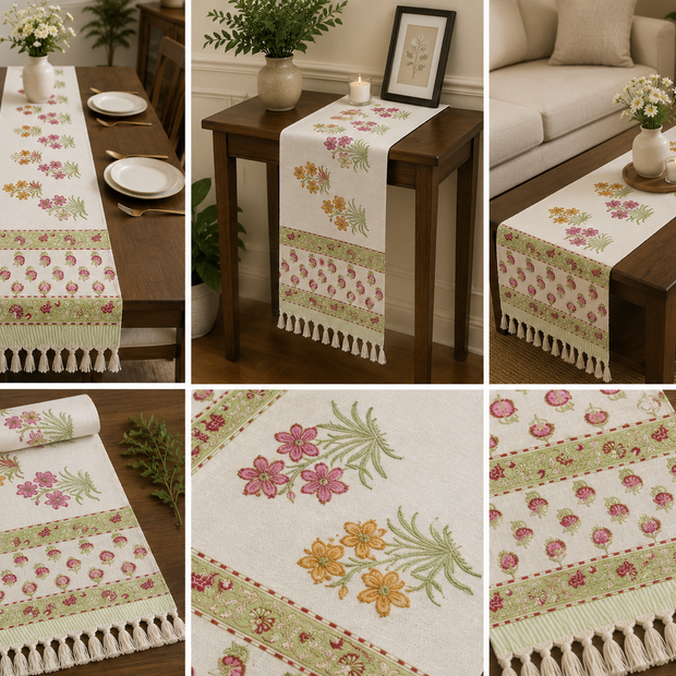 Royal Meadow Blossom Jaipuri Table Runner – 185 × 35 cm | 100% Pure Cotton | Hand Block Printed