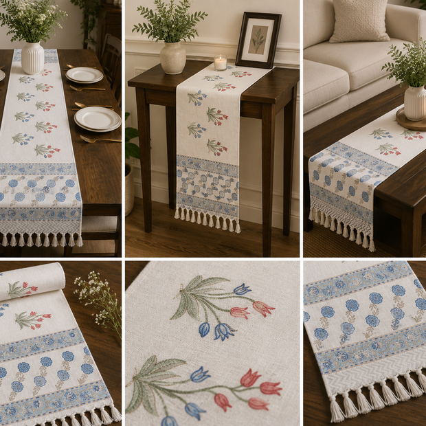 Royal Twin Tulip Jaipuri Table Runner – 185 × 35 cm | 100% Pure Jute Cotton | Hand Block Printed