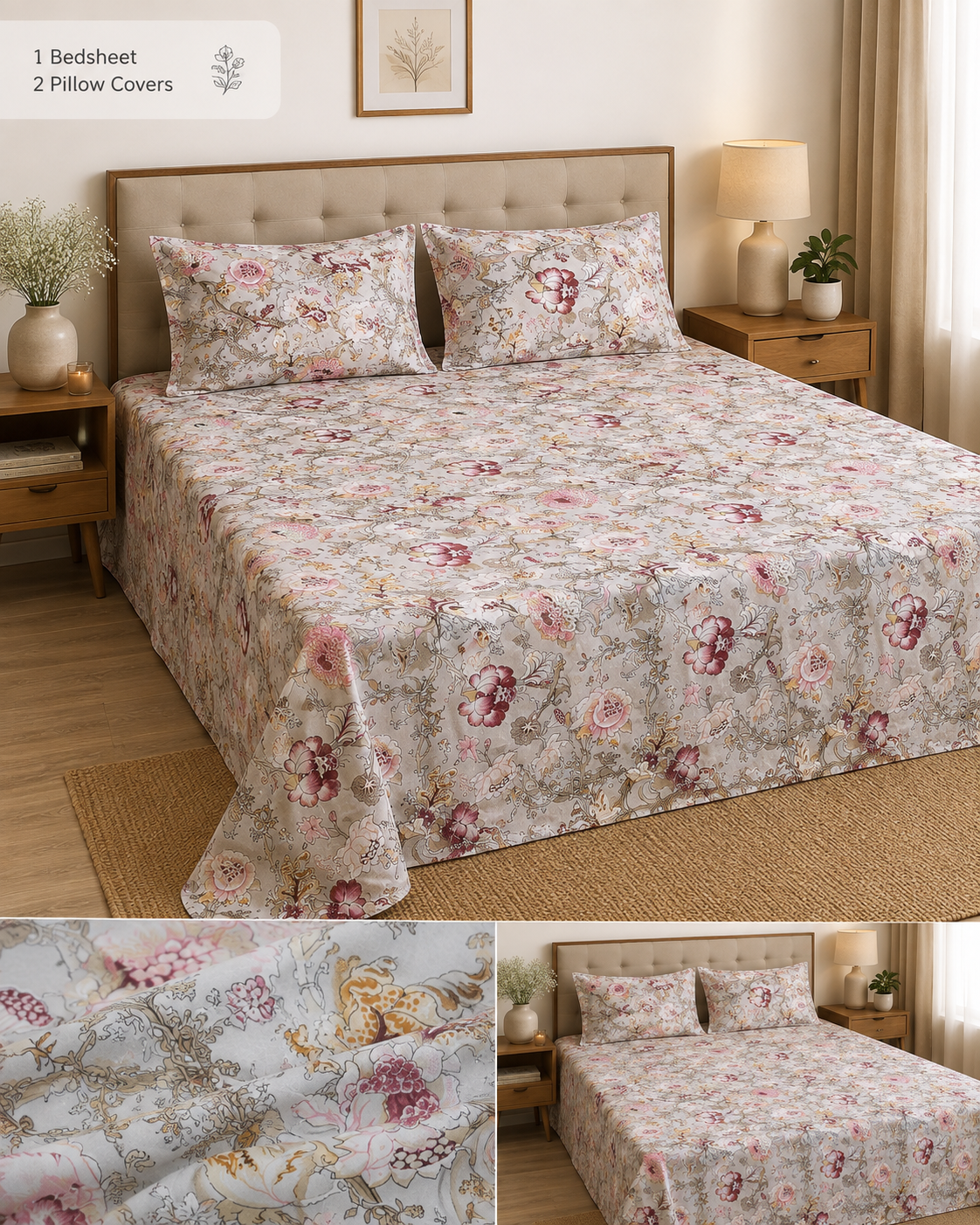 Royal Blush Garden Jaipuri Cotton Bedsheet – Super King Size (270 × 270 cm) | 3-Piece Bedding Set