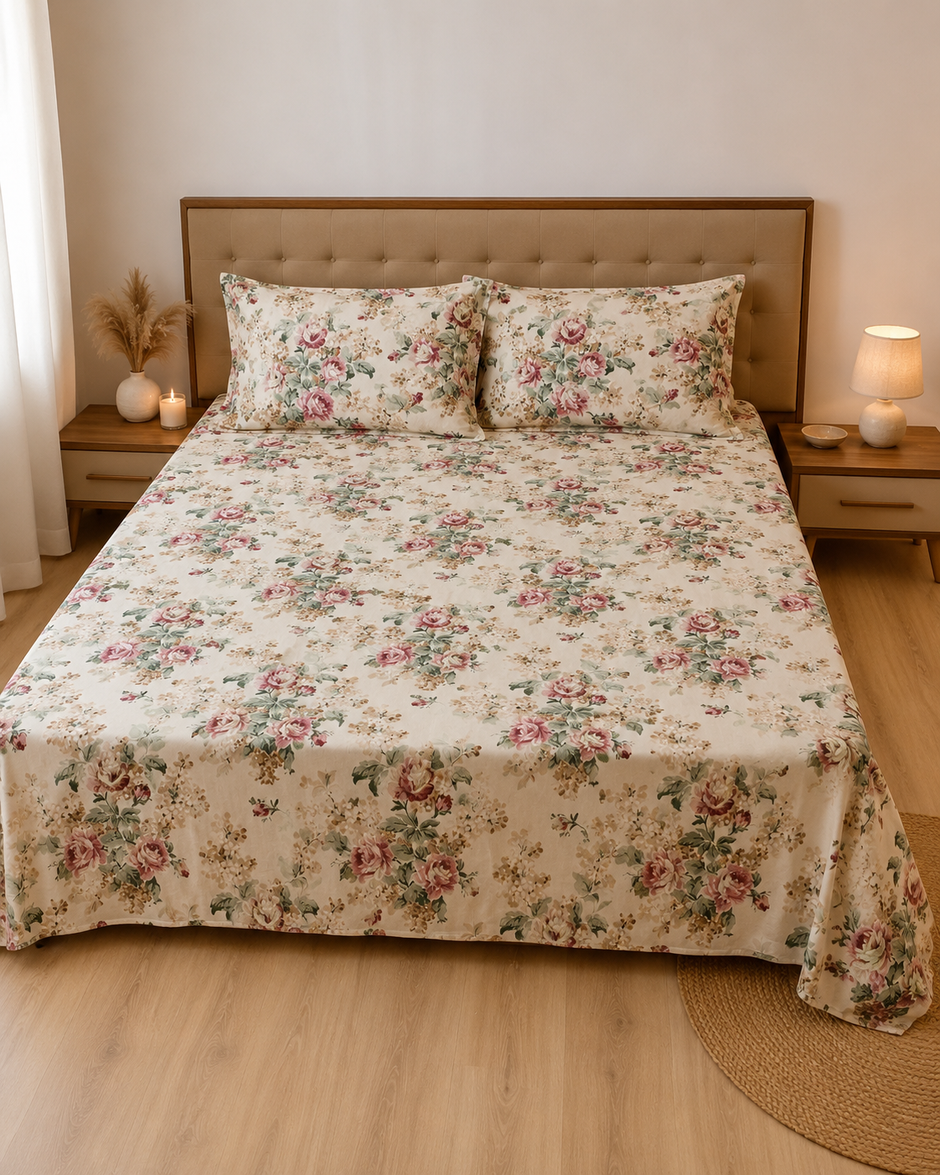 Soft Beige Anokhi Blossom – Super King Size Jaipuri Cotton Bedsheet (270 x 270 cm) | Includes 2 Pillow Covers