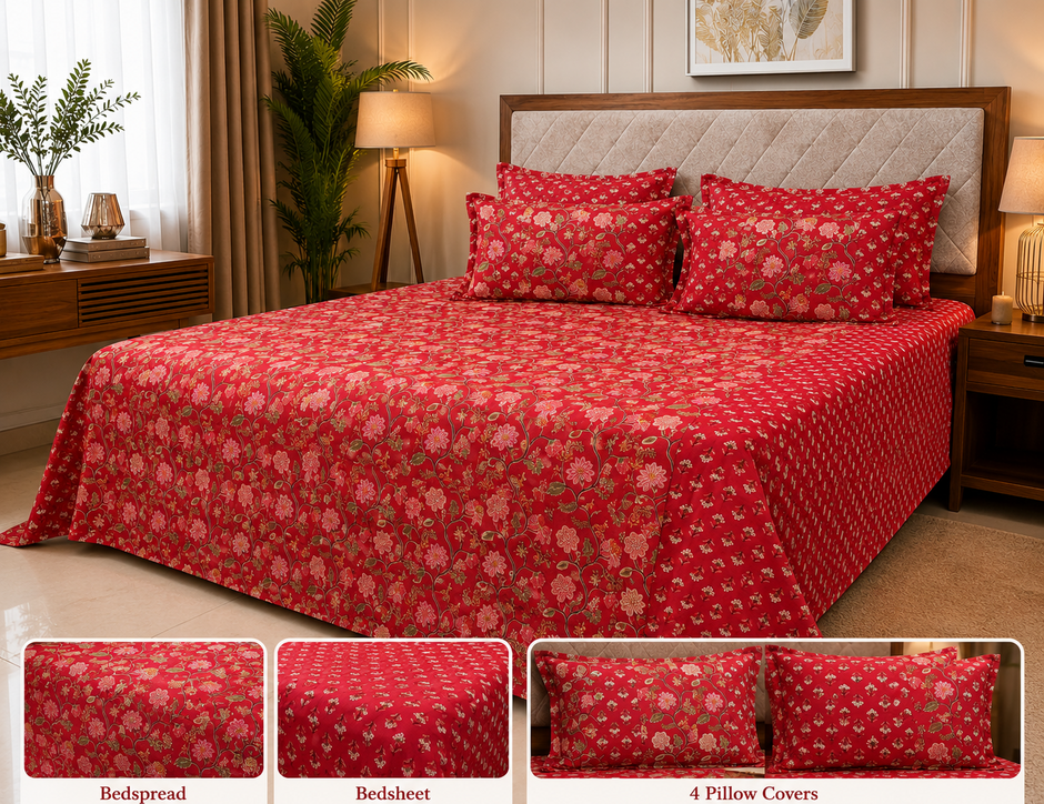 Rust Heritage Ajrakh Luxury Bedding Set – Super King Bedsheet + Reversible King Quilted Bedspread | 100% Pure Jaipuri Cotton | 6-Piece Set