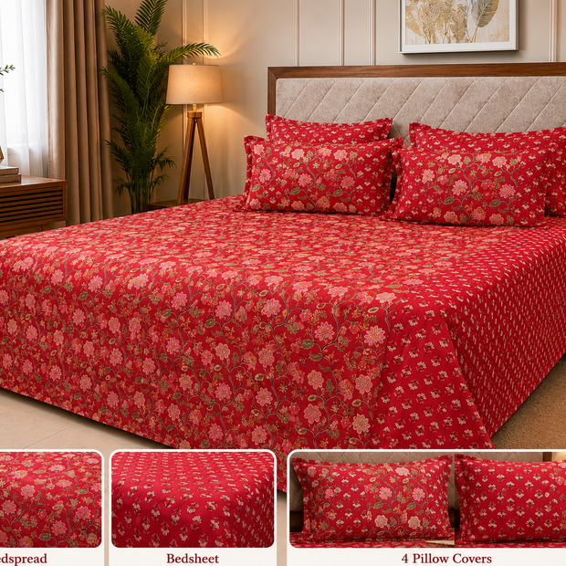 Rust Heritage Ajrakh Luxury Bedding Set – Super King Bedsheet + Reversible King Quilted Bedspread | 100% Pure Jaipuri Cotton | 6-Piece Set