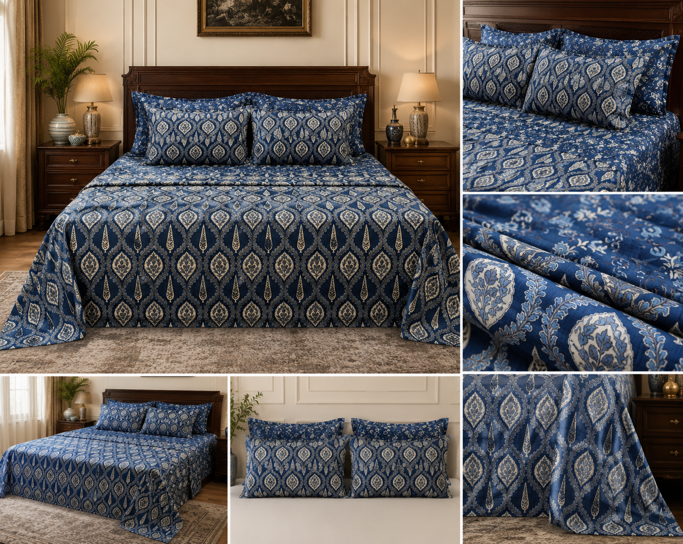 Midnight Ajrakh Elegance Luxury Bedding Set – Super King Bedsheet + Reversible King Quilted Bedspread | 100% Pure Jaipuri Cotton | 6-Piece Set