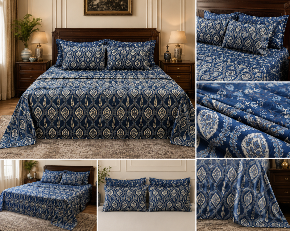 Midnight Ajrakh Elegance Luxury Bedding Set – Super King Bedsheet + Reversible King Quilted Bedspread | 100% Pure Jaipuri Cotton | 6-Piece Set