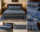 Midnight Ajrakh Elegance Luxury Bedding Set – Super King Bedsheet + Reversible King Quilted Bedspread | 100% Pure Jaipuri Cotton | 6-Piece Set