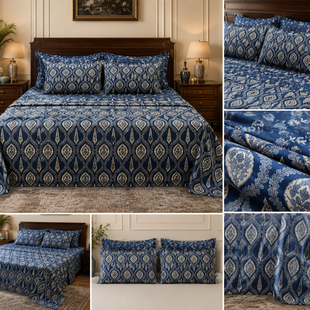 Midnight Ajrakh Elegance Luxury Bedding Set – Super King Bedsheet + Reversible King Quilted Bedspread | 100% Pure Jaipuri Cotton | 6-Piece Set