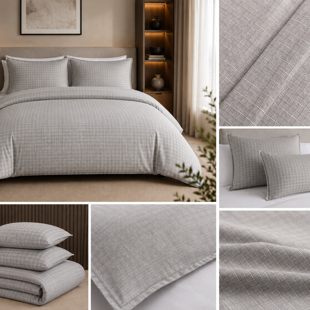 Dove Grey Check Luxury Duvet Cover Set – King Size (230 × 220 cm) | 3-Piece Duvet Cover & Pillow Cover Set
