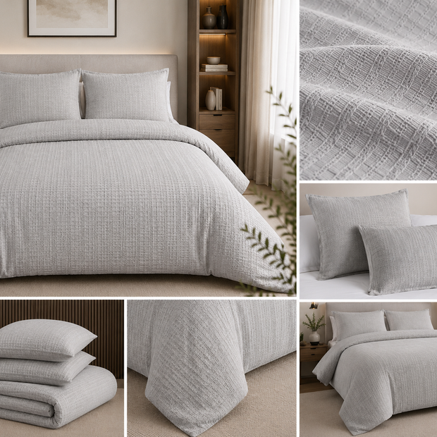 Silver Mist Waffle Luxury Duvet Cover Set – Super King Size (260 × 220 cm) | 3-Piece Duvet Cover &amp; Pillow Cover Set