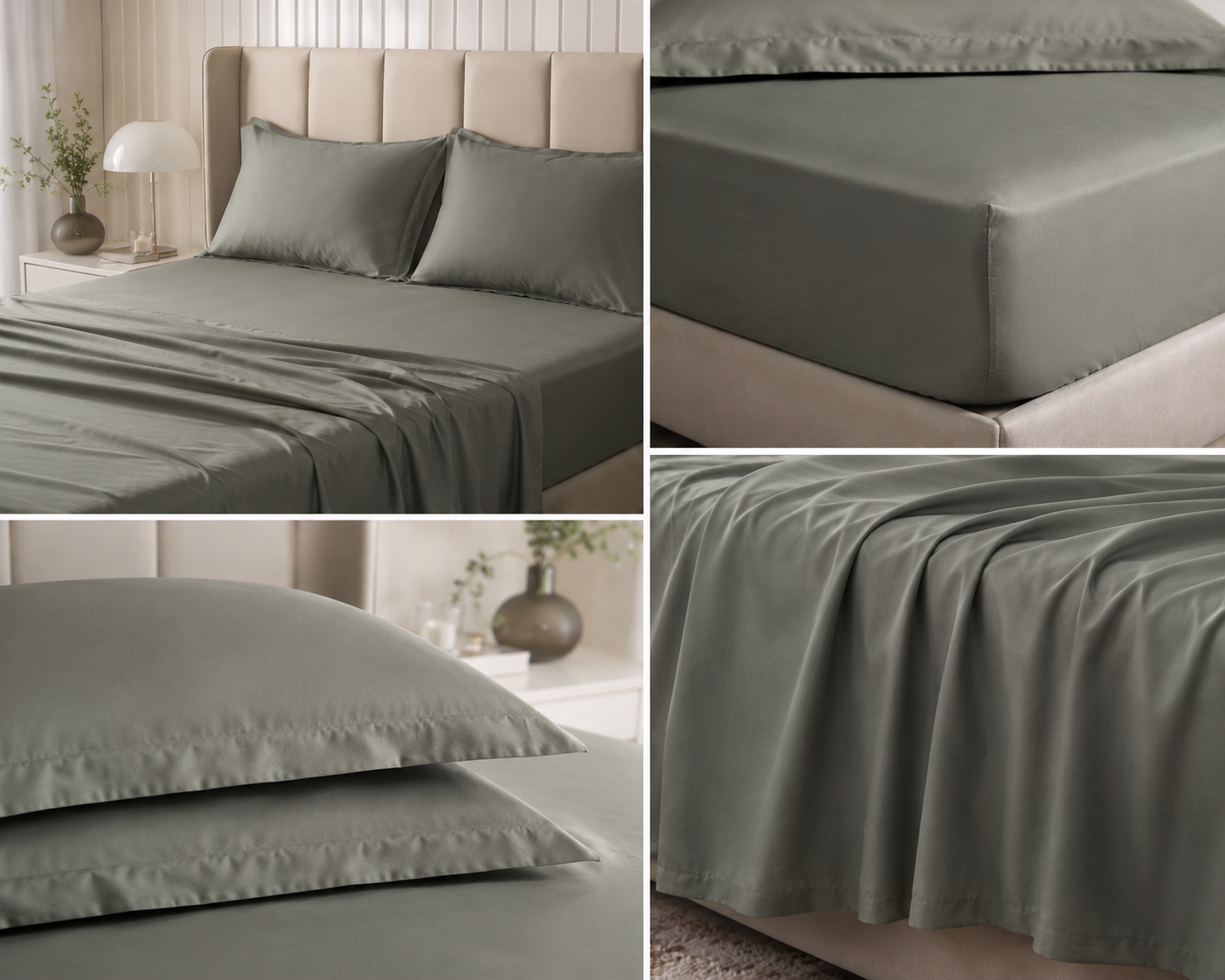 Olive Sage Grey Tone Premium Percale Cotton King Bedding Set – 1 Flat Sheet, 1 Fitted Sheet & 2 Pillow Covers | 4-Piece Set