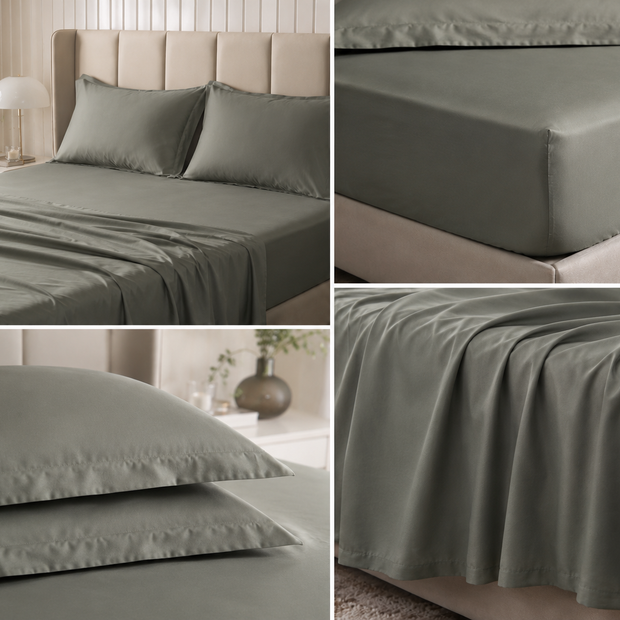 Olive Sage Grey Tone Premium Percale Cotton King Bedding Set – 1 Flat Sheet, 1 Fitted Sheet & 2 Pillow Covers | 4-Piece Set
