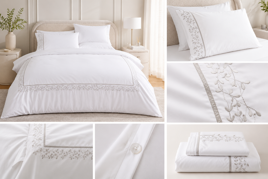 Willow Vine Embroidered Luxe Duvet Cover Set – King Size (230 × 220 cm) | 400 Thread Count Percale Cotton | 3-Piece Premium Bedding Set