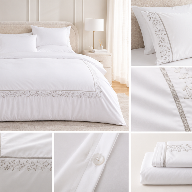 Willow Vine Embroidered Luxe Duvet Cover Set – King Size (230 × 220 cm) | 400 Thread Count Percale Cotton | 3-Piece Premium Bedding Set