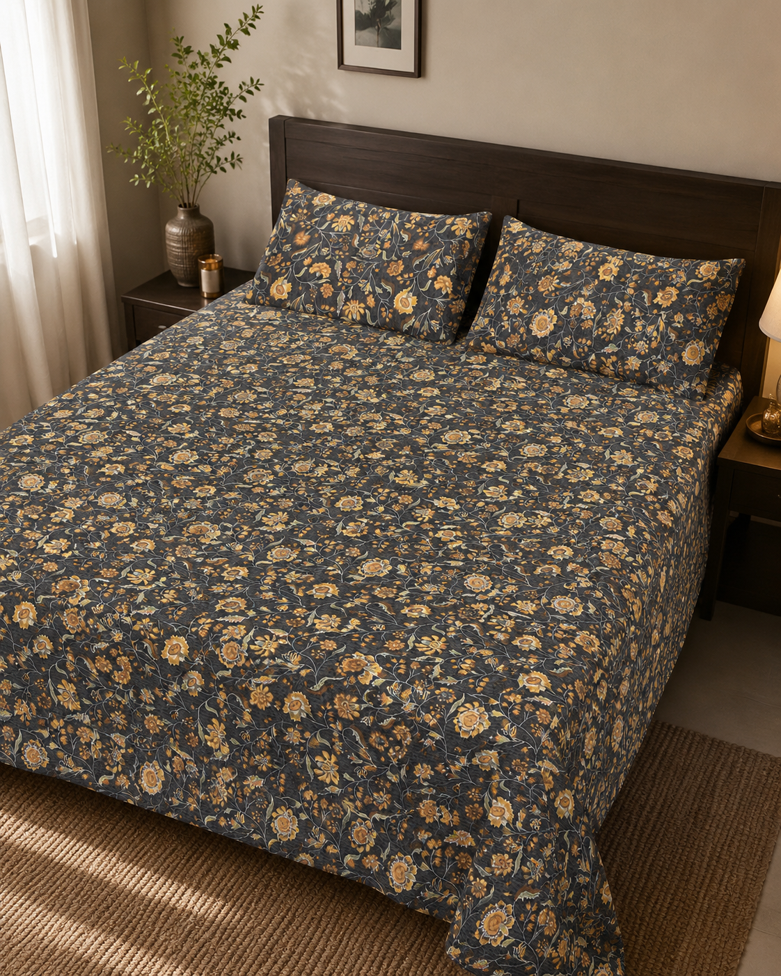 Midnight Golden Bloom Pure Cotton Bedsheet Set – King Size (260 × 270 cm) | 3-Piece Bedding Set