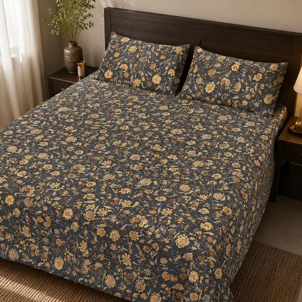 Midnight Golden Bloom Pure Cotton Bedsheet Set – Queen Size (240 × 270 cm) | 3-Piece Bedding Set
