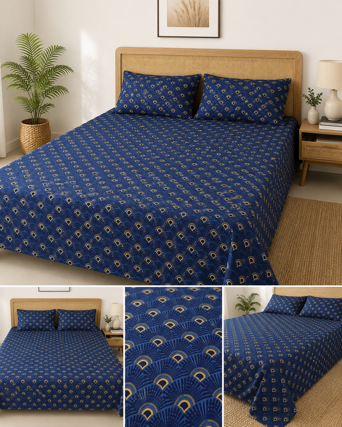 Royal Azure Fan Pure Cotton Bedsheet Set – Queen Size (240 × 270 cm) | 3-Piece Bedding Set