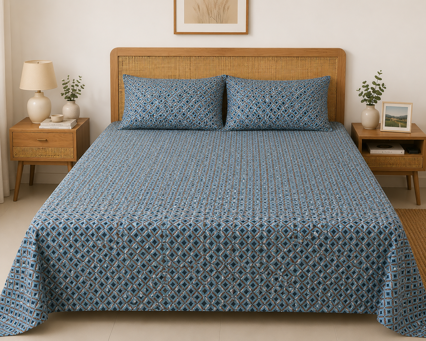 Sky Mosaic Pure Cotton Bedsheet Set – Queen Size (240 × 270 cm) | 3-Piece Bedding Set