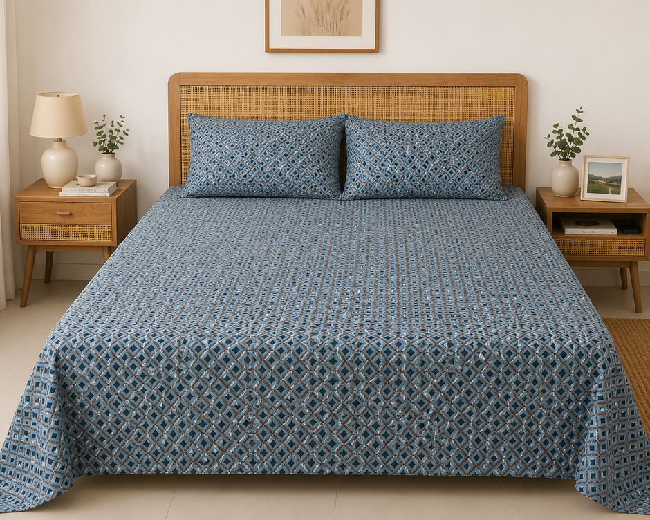 Sky Mosaic Pure Cotton Bedsheet Set – Queen Size (240 × 270 cm) | 3-Piece Bedding Set