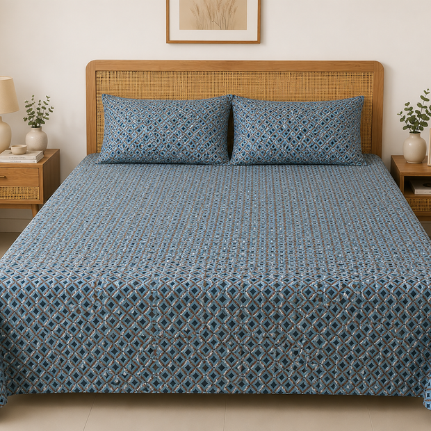 Sky Mosaic Pure Cotton Bedsheet Set – Queen Size (240 × 270 cm) | 3-Piece Bedding Set