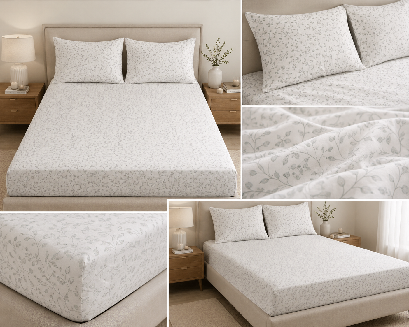 Silver Vine Pure Cotton Bedsheet Set – Queen Size (240 × 270 cm) | 3-Piece Bedding Set