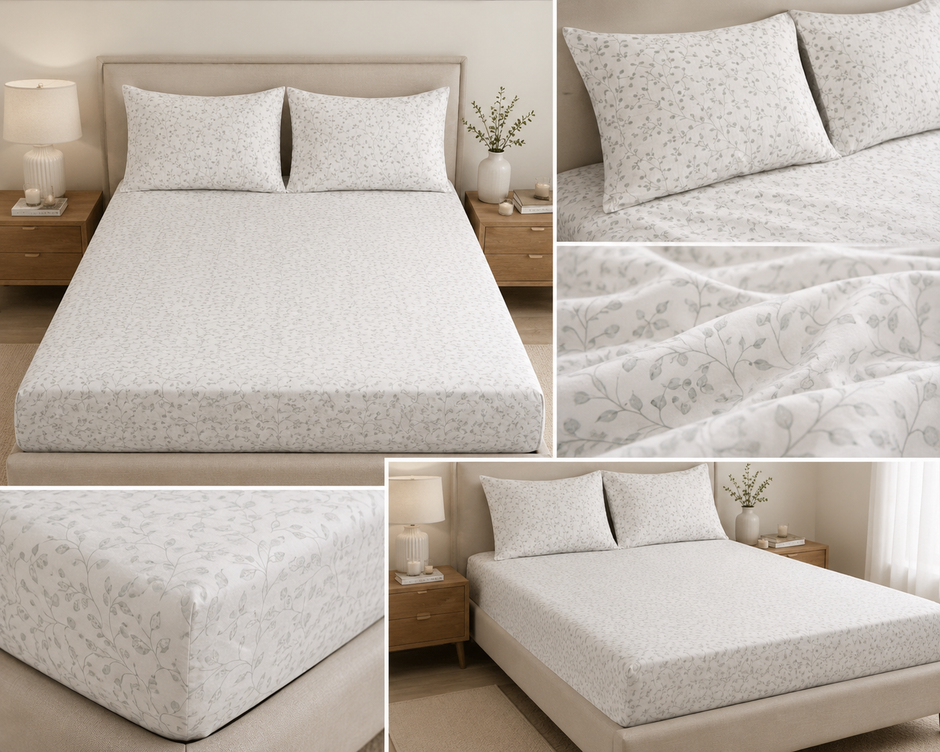 Silver Vine Pure Cotton Bedsheet Set – Queen Size (240 × 270 cm) | 3-Piece Bedding Set