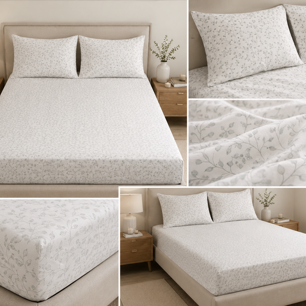 Silver Vine Pure Cotton Bedsheet Set – Queen Size (240 × 270 cm) | 3-Piece Bedding Set
