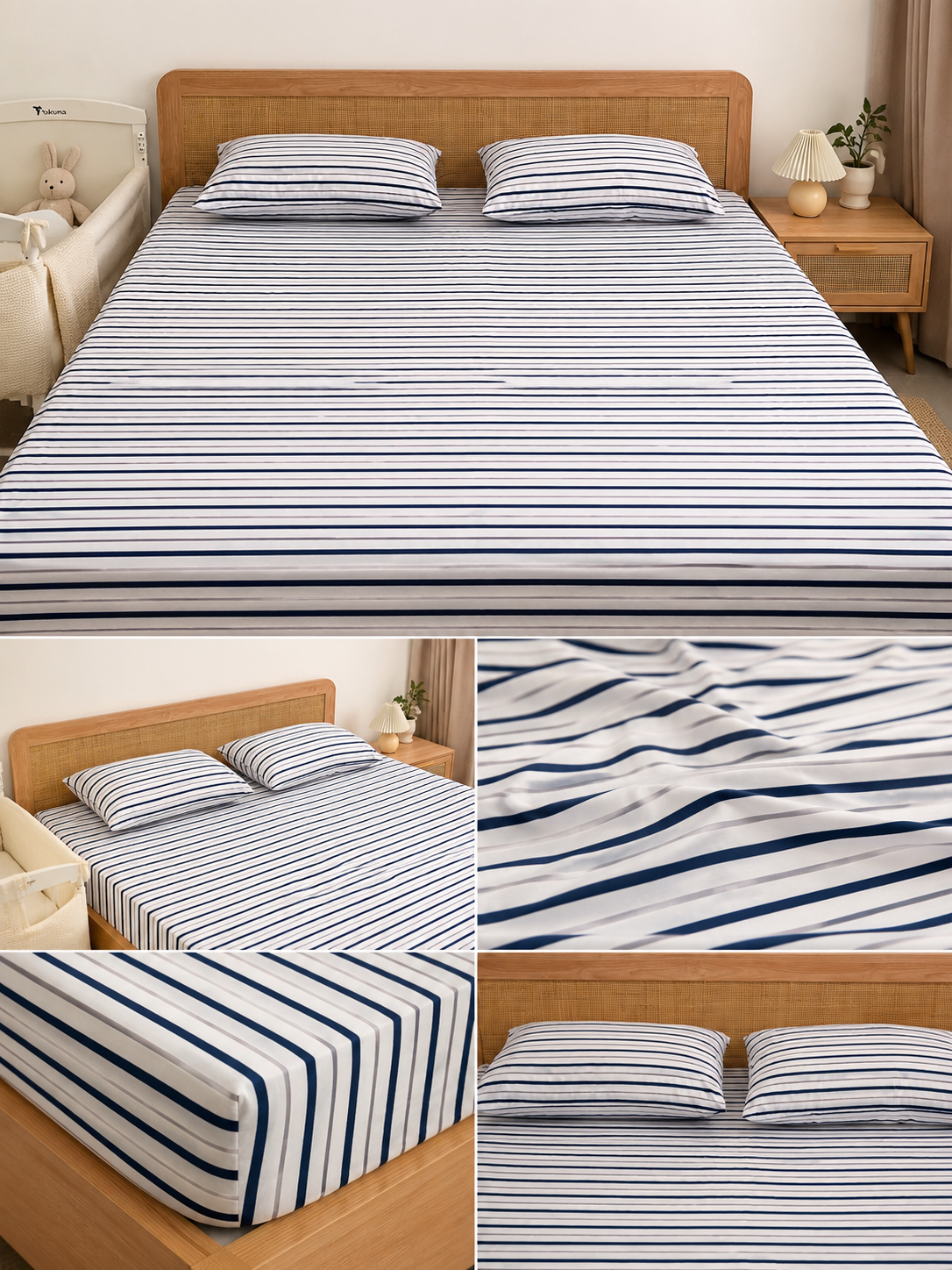 Nautical Stripe Pure Cotton Bedsheet – King Size (260 × 270 cm) | 3-Piece Bedding Set