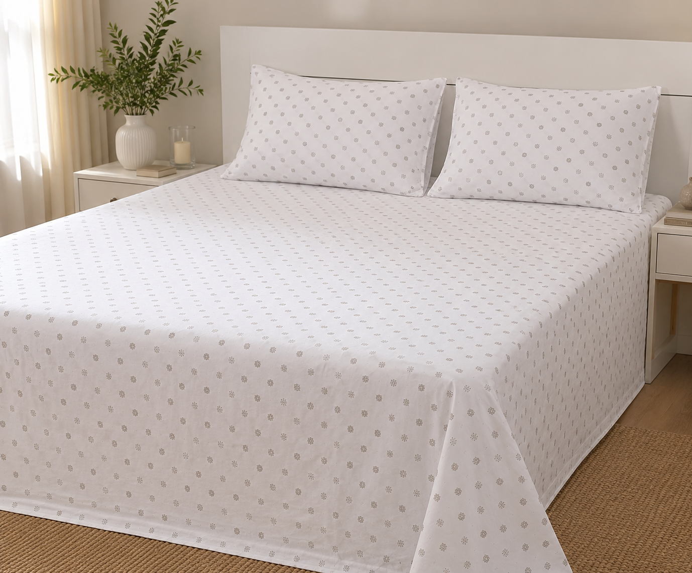Ivory Mosaic Pure Cotton Bedsheet Set – Queen Size Flat Sheet (240 × 270 cm) | 3-Piece Bedding Set