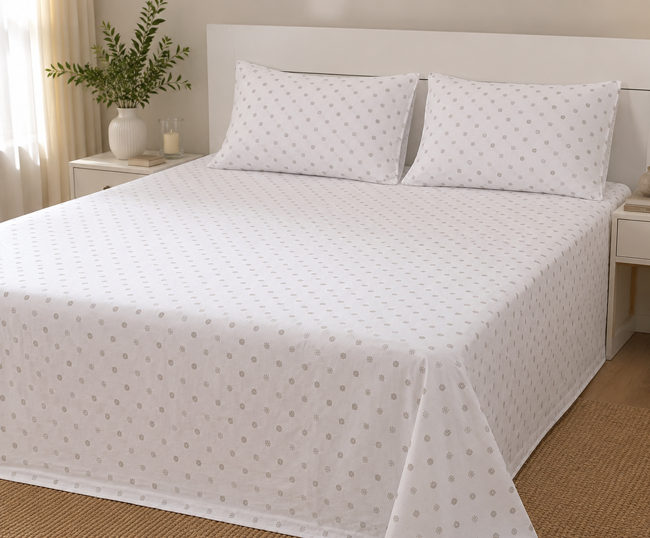 Ivory Mosaic Pure Cotton Bedsheet Set – Queen Size Flat Sheet (240 × 270 cm) | 3-Piece Bedding Set