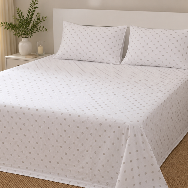 Ivory Mosaic Pure Cotton Bedsheet Set – Queen Size Flat Sheet (240 × 270 cm) | 3-Piece Bedding Set