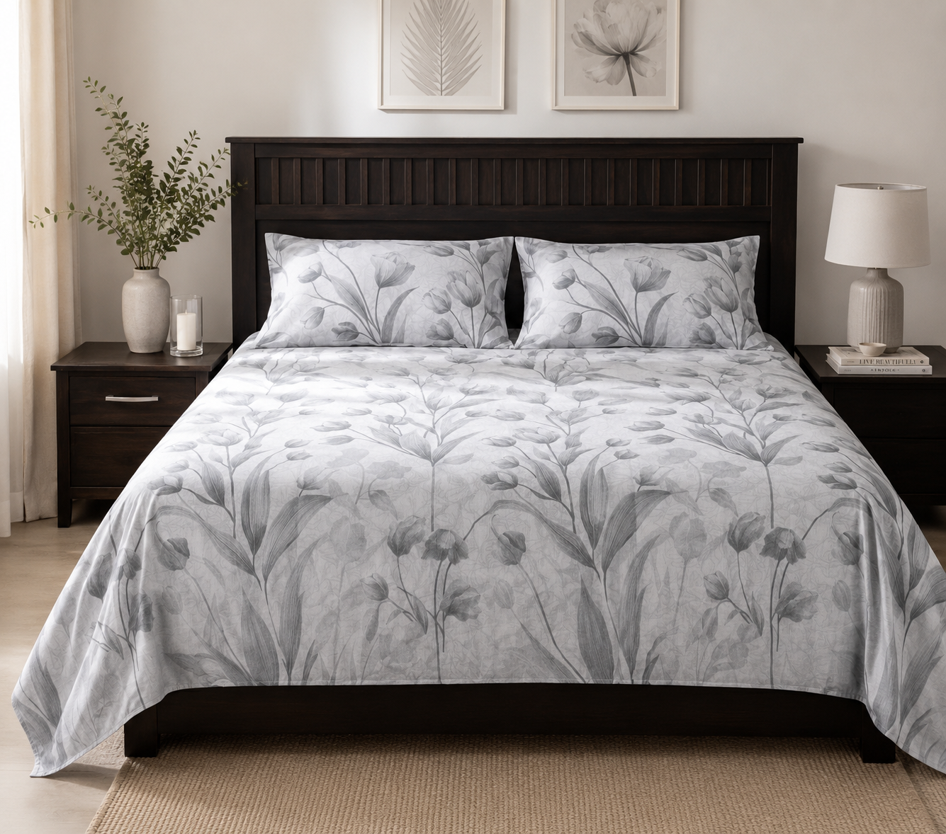 Silver Bloom Pure Cotton Bedsheet Set – King Size (240 × 270 cm) | 3-Piece Bedding Set