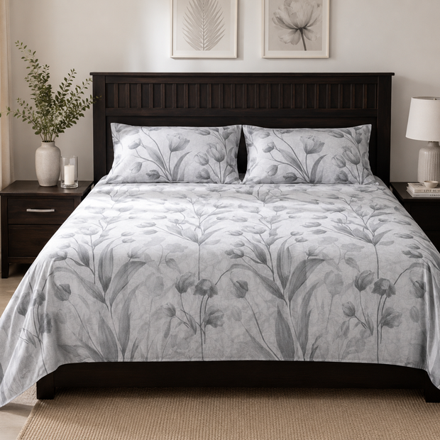 Silver Bloom Pure Cotton Bedsheet Set – Queen Size (240 × 270 cm) | 3-Piece Bedding Set