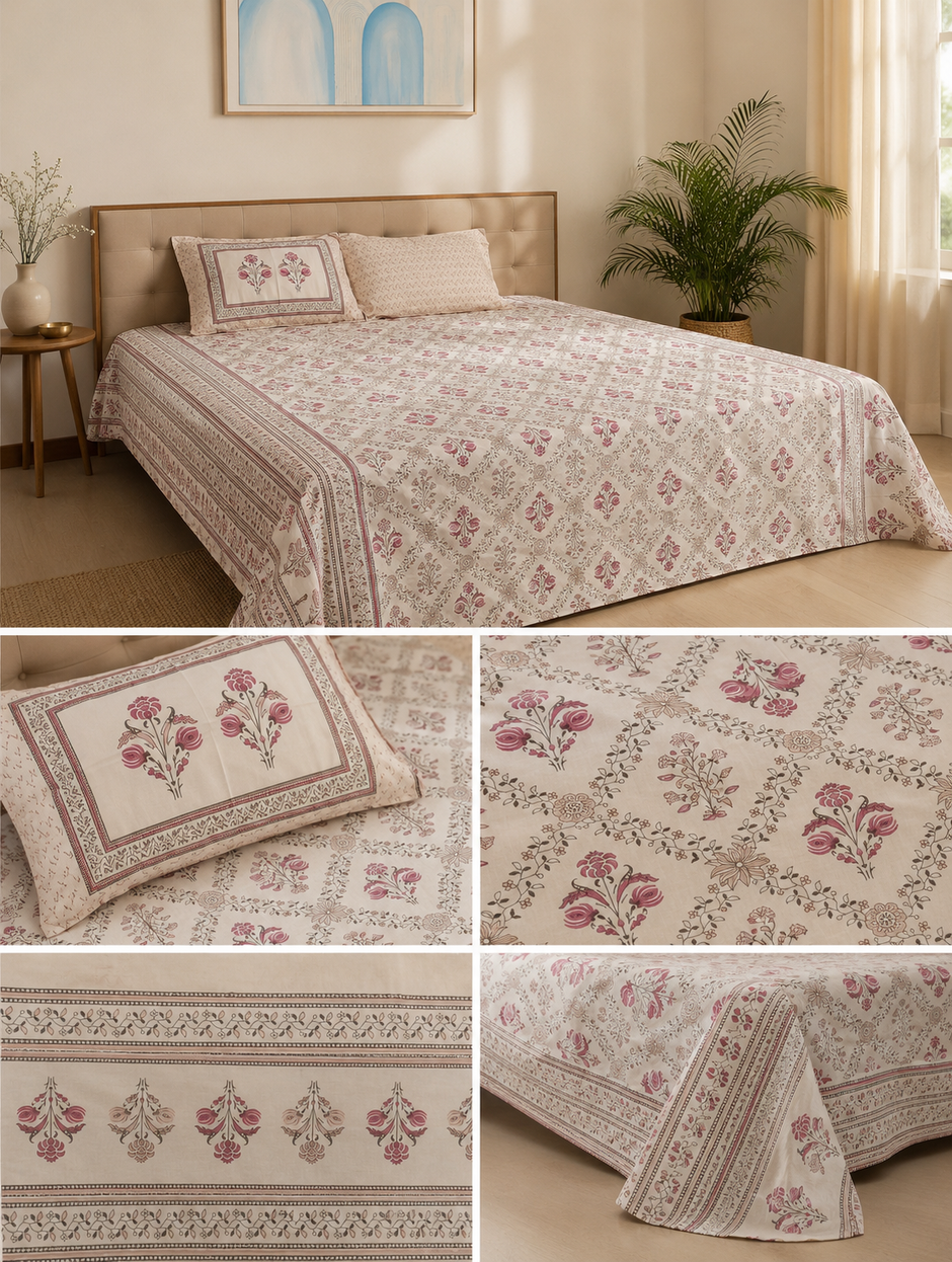 Blush Trellis Floral – Super King Size Bedsheet (274 × 274 cm) | 400 TC Tencel Cotton | Includes 2 Pillow Covers